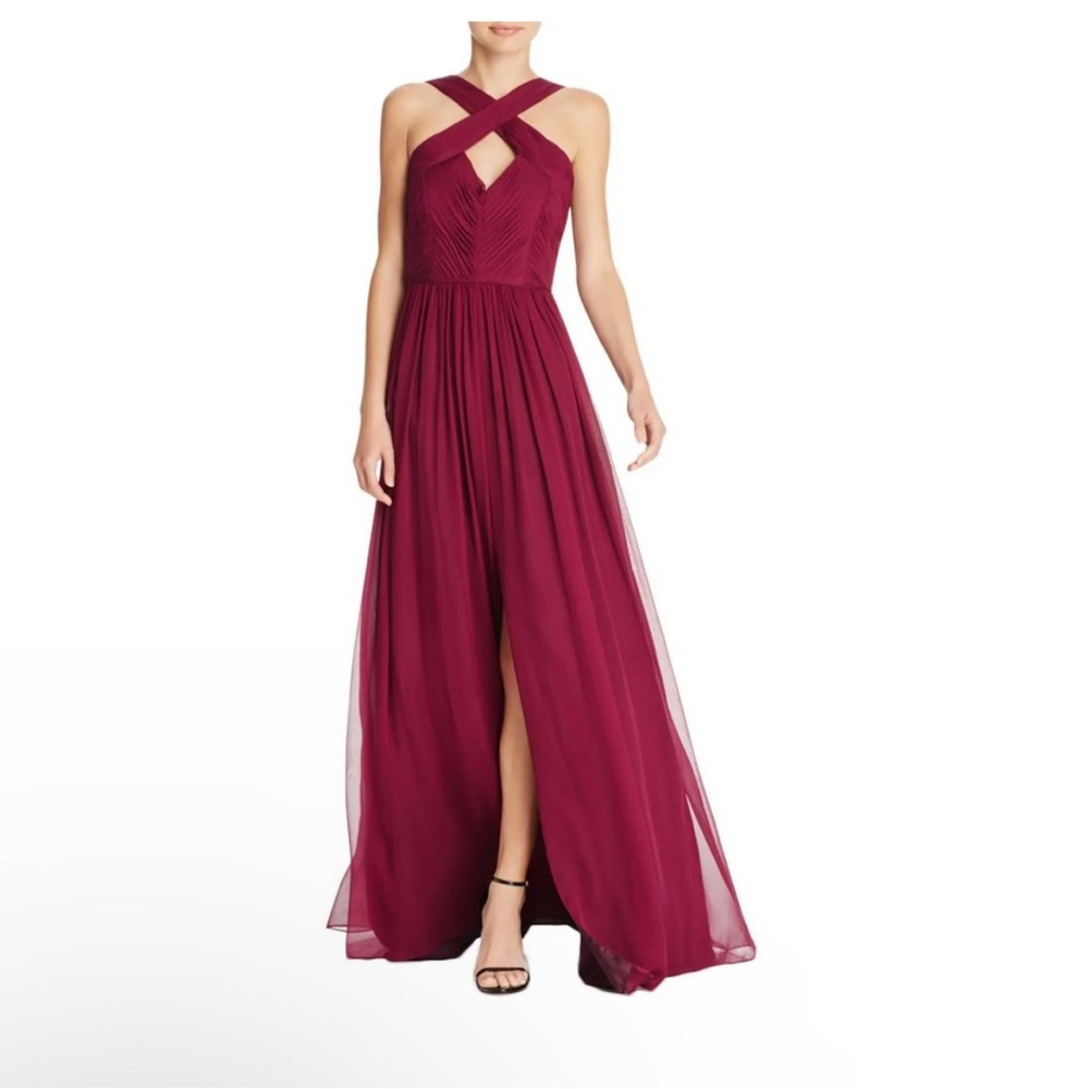 Women's Burgundy Cross-Neck Chiffon Evening Dress